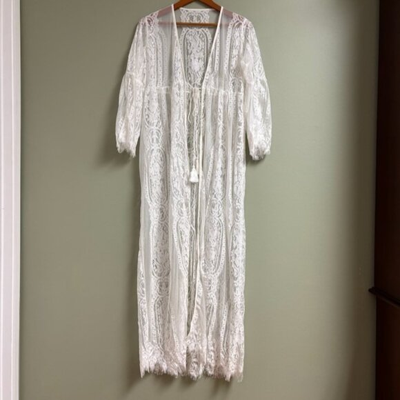 Womens White Lace Long Duster One Size Sheer Tassels Dainty Coquette Wedding - Picture 1 of 10